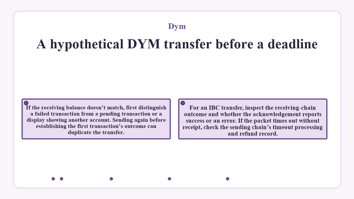 A hypothetical DYM transfer before a deadline: If the receiving balance doesn’t match, first distinguish a failed transaction from a pending transaction or a display showing another account. Sending again before establishing the first transaction’s outcome can duplicate the transfer.; For an IBC transfer, inspect the receiving-chain outcome and whether the acknowledgement reports success or an error. If the packet times out without receipt, check the sending chain’s timeout processing and refund record.