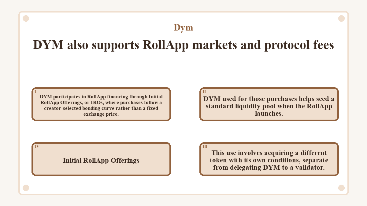 DYM also supports RollApp markets and protocol fees: DYM participates in RollApp financing through Initial RollApp Offerings, or IROs, where purchases follow a creator-selected bonding curve rather than a fixed exchange price.; DYM used for those purchases helps seed a standard liquidity pool when the RollApp launches.; This use involves acquiring a different token with its own conditions, separate from delegating DYM to a validator.; Initial RollApp Offerings