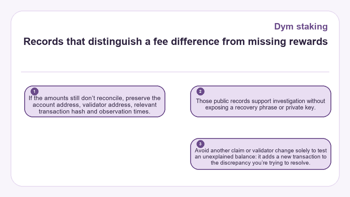 Records that distinguish a fee difference from missing rewards: If the amounts still don’t reconcile, preserve the account address, validator address, relevant transaction hash and observation times.; Those public records support investigation without exposing a recovery phrase or private key.; Avoid another claim or validator change solely to test an unexplained balance: it adds a new transaction to the discrepancy you’re trying to resolve.